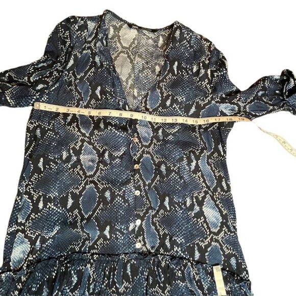 ZARA Dress Drop Waist Snakeskin Print Deep V-neck Button Blue Size Small - Picture 7 of 10